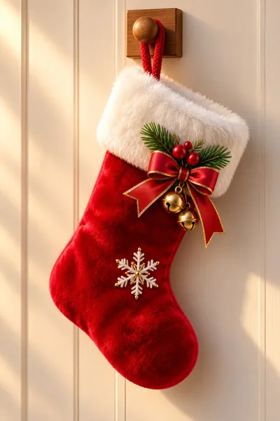 Red Christmas Stocking Hanging on Wooden Wall