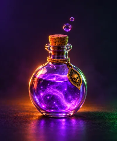 Glowing Purple Magic Potion Bottle With Skull Tag