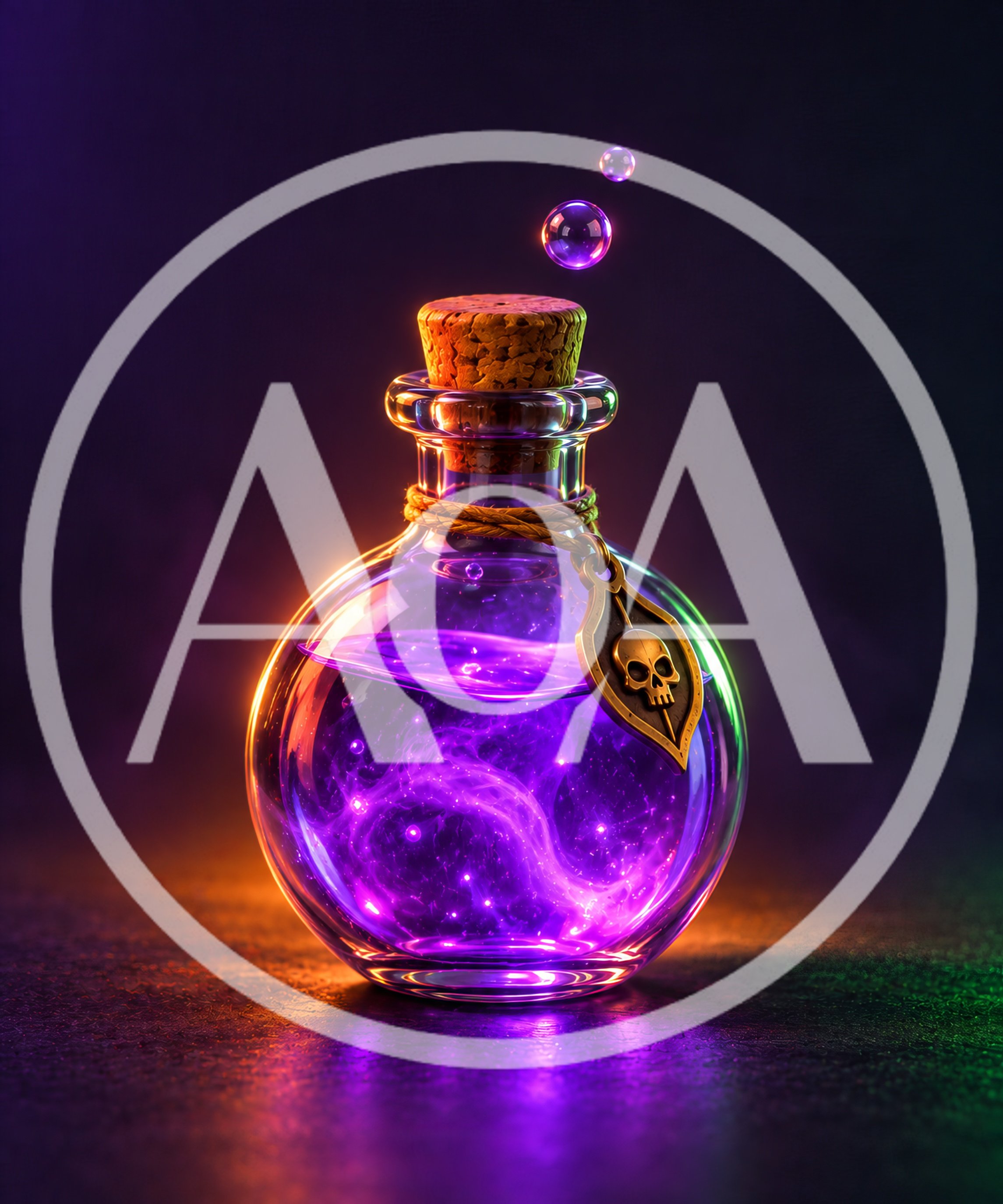 Glowing Purple Magic Potion Bottle With Skull Tag