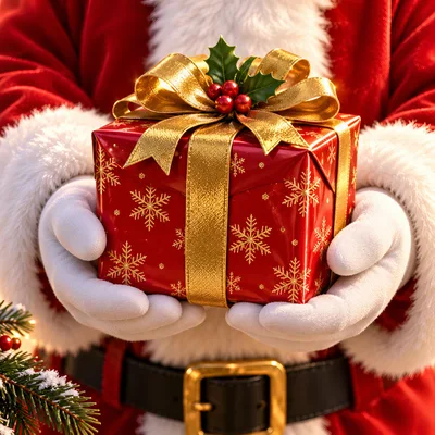 Santa Claus Holding A Red Christmas Gift