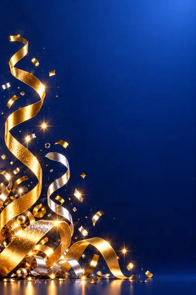 Golden And Silver Ribbons With Confetti On Blue Background