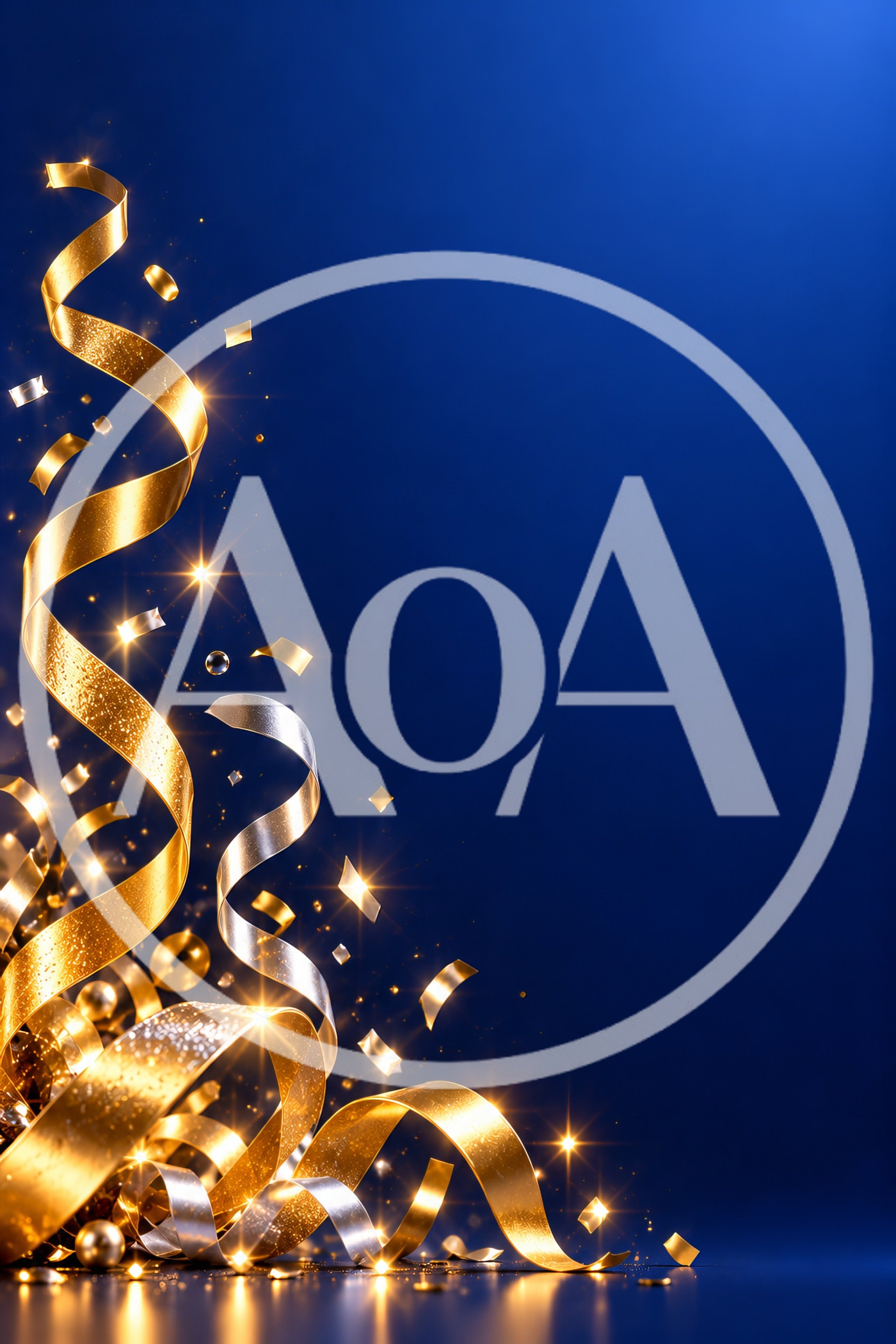 Golden And Silver Ribbons With Confetti On Blue Background