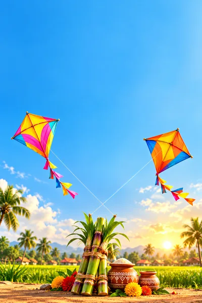 Pongal Festival Celebration with Kites and Sugarcane