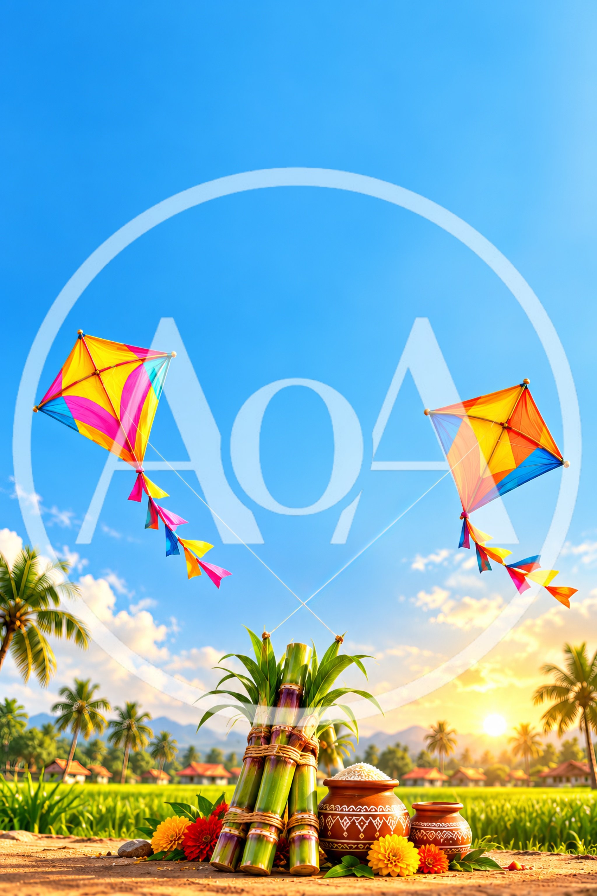 Pongal Festival Celebration with Kites and Sugarcane