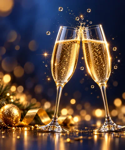 Two Champagne Flutes Toasting For New Year Celebration