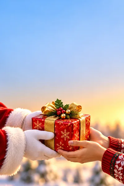 Santa Claus Handing A Christmas Gift To A Child