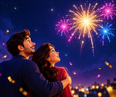 Couple Watching Fireworks Display In Night Sky