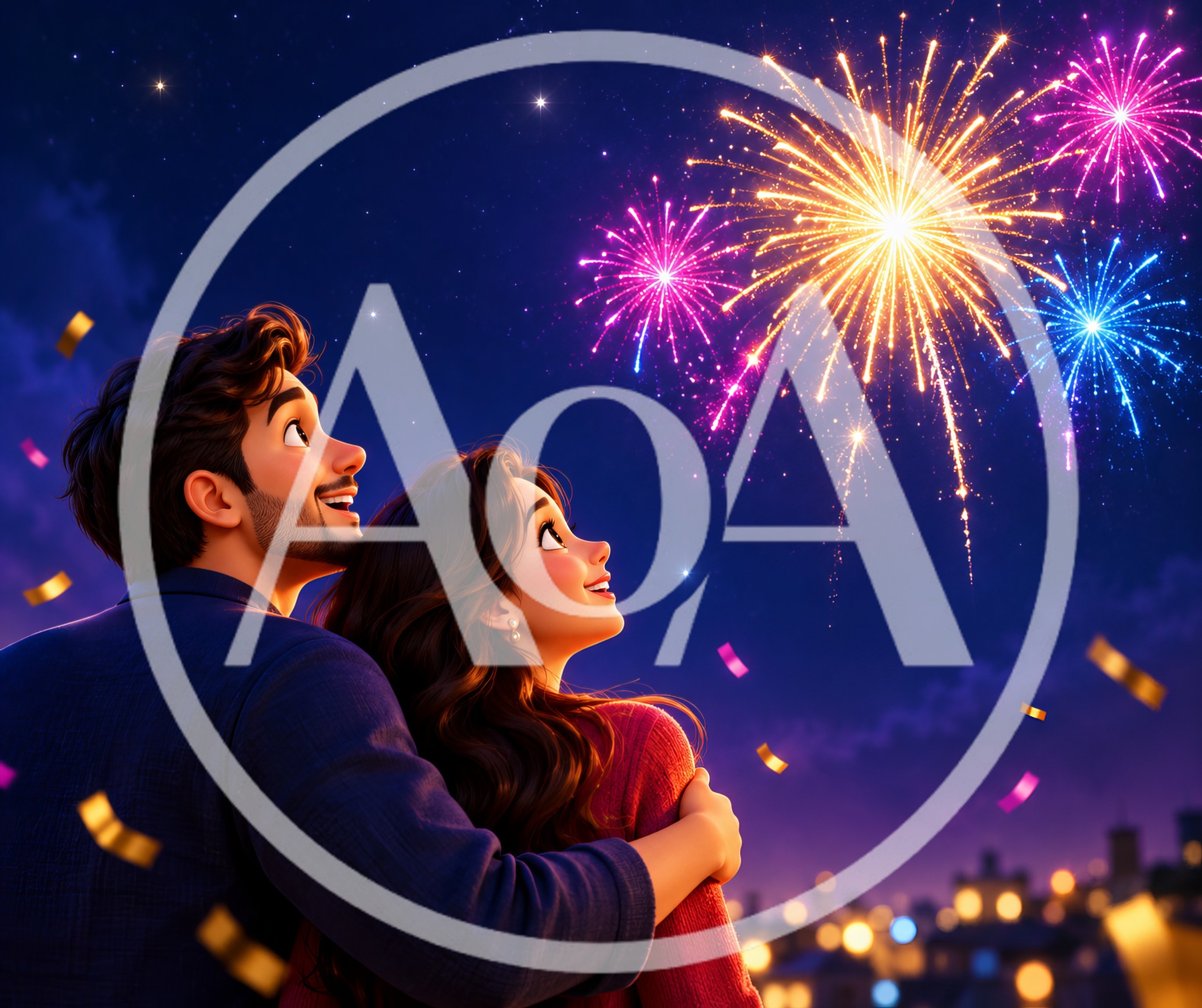 Couple Watching Fireworks Display In Night Sky