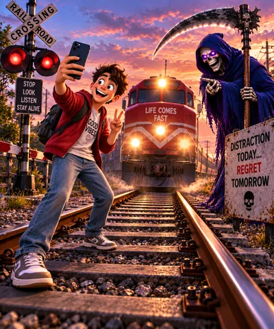 Cartoon Boy Taking Selfie Near Approaching Train