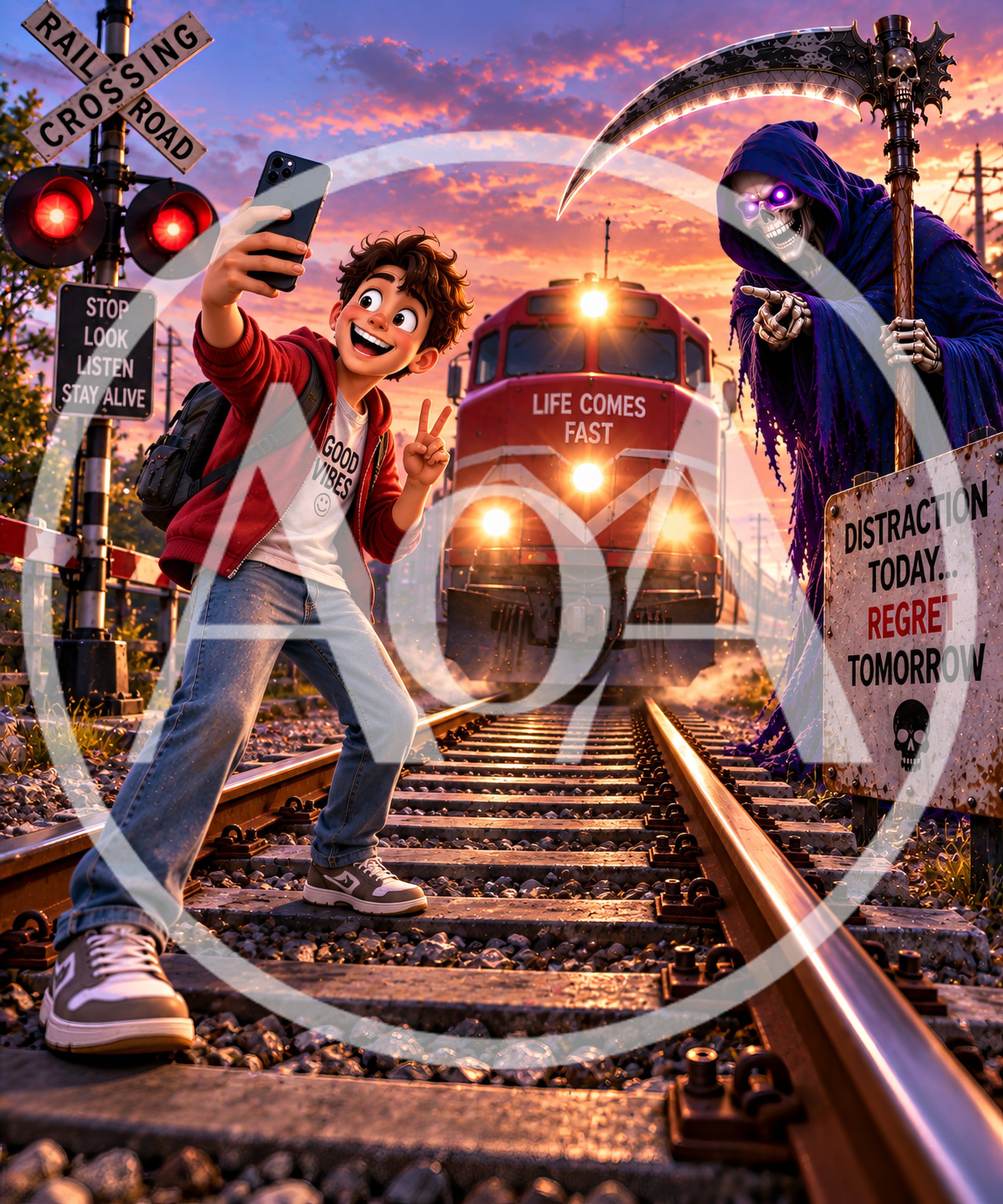 Cartoon Boy Taking Selfie Near Approaching Train