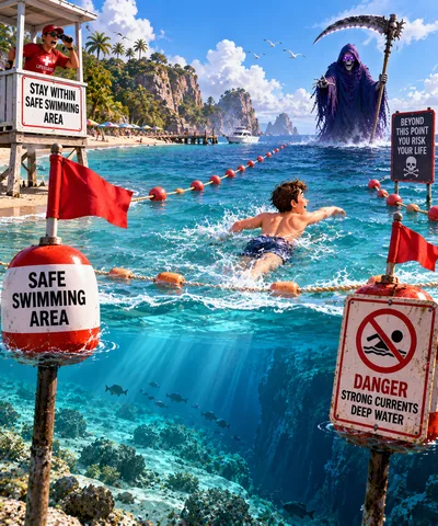 Surreal Illustration of Swimmer Approaching Grim Reaper at Beach