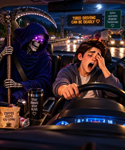 Grim Reaper Sitting Beside A Tired Driver At Night