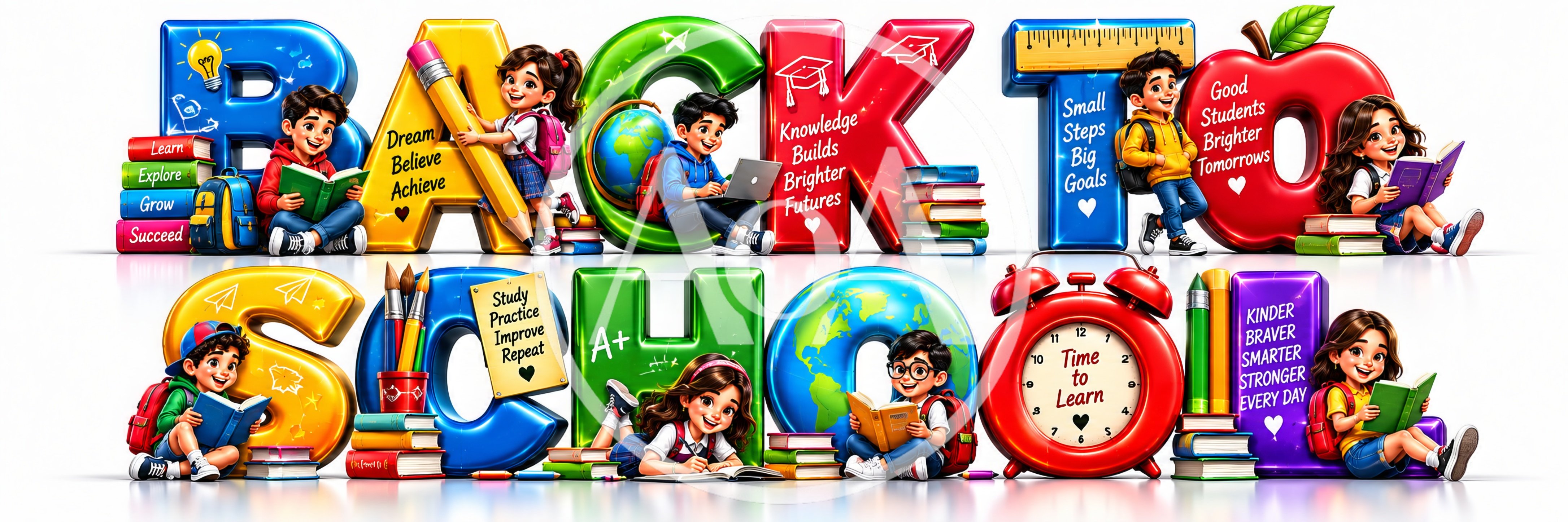 Back To School 3D Typography With Diverse Students