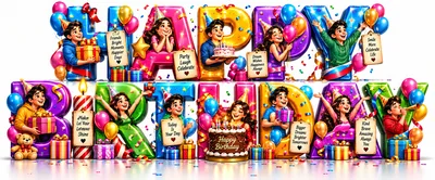 Happy Birthday 3D Typography With Cartoon Characters