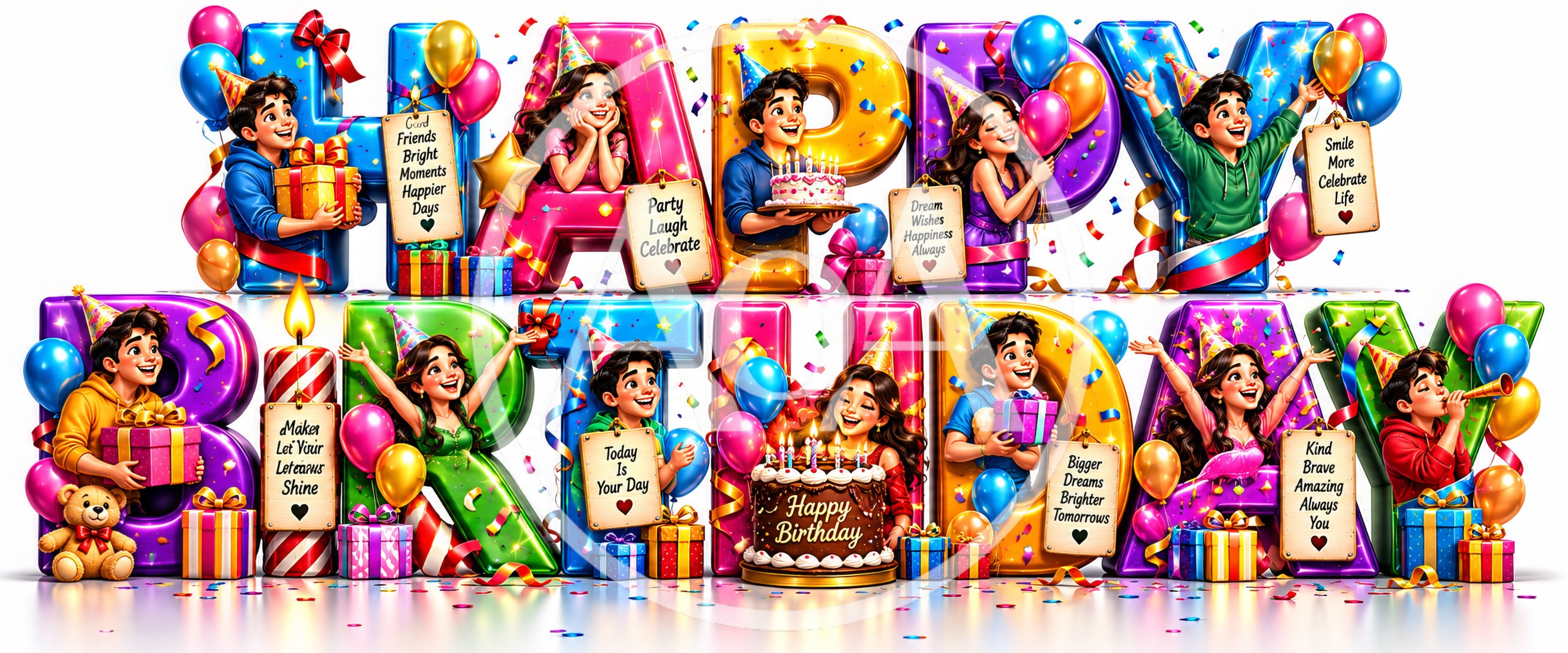 Happy Birthday 3D Typography With Cartoon Characters