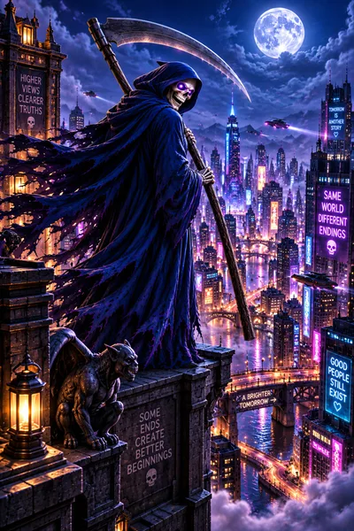 Grim Reaper Standing Over A Futuristic Cyberpunk Cityscape