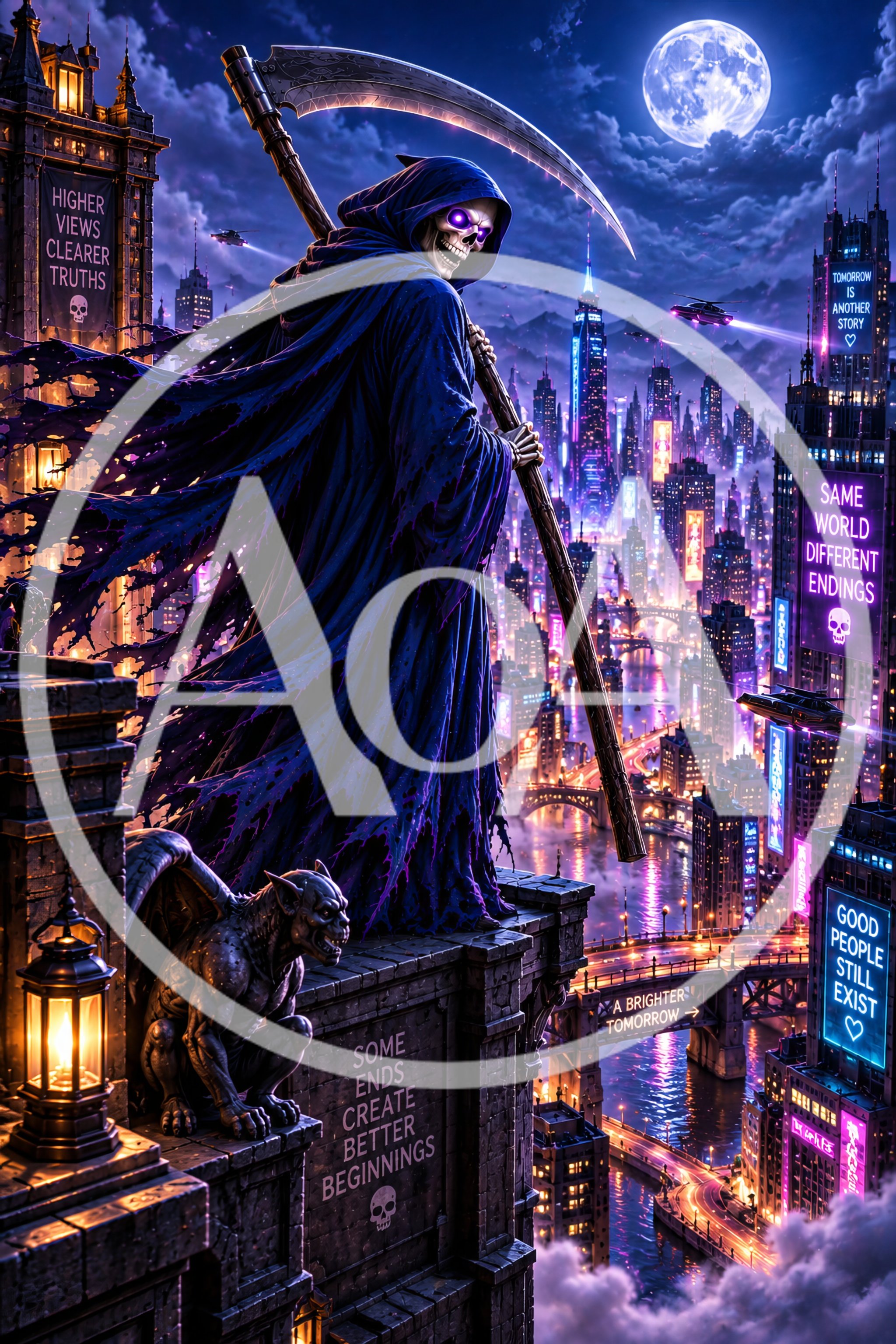 Grim Reaper Standing Over A Futuristic Cyberpunk Cityscape