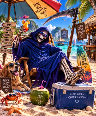 Grim Reaper Relaxing on a Tropical Beach