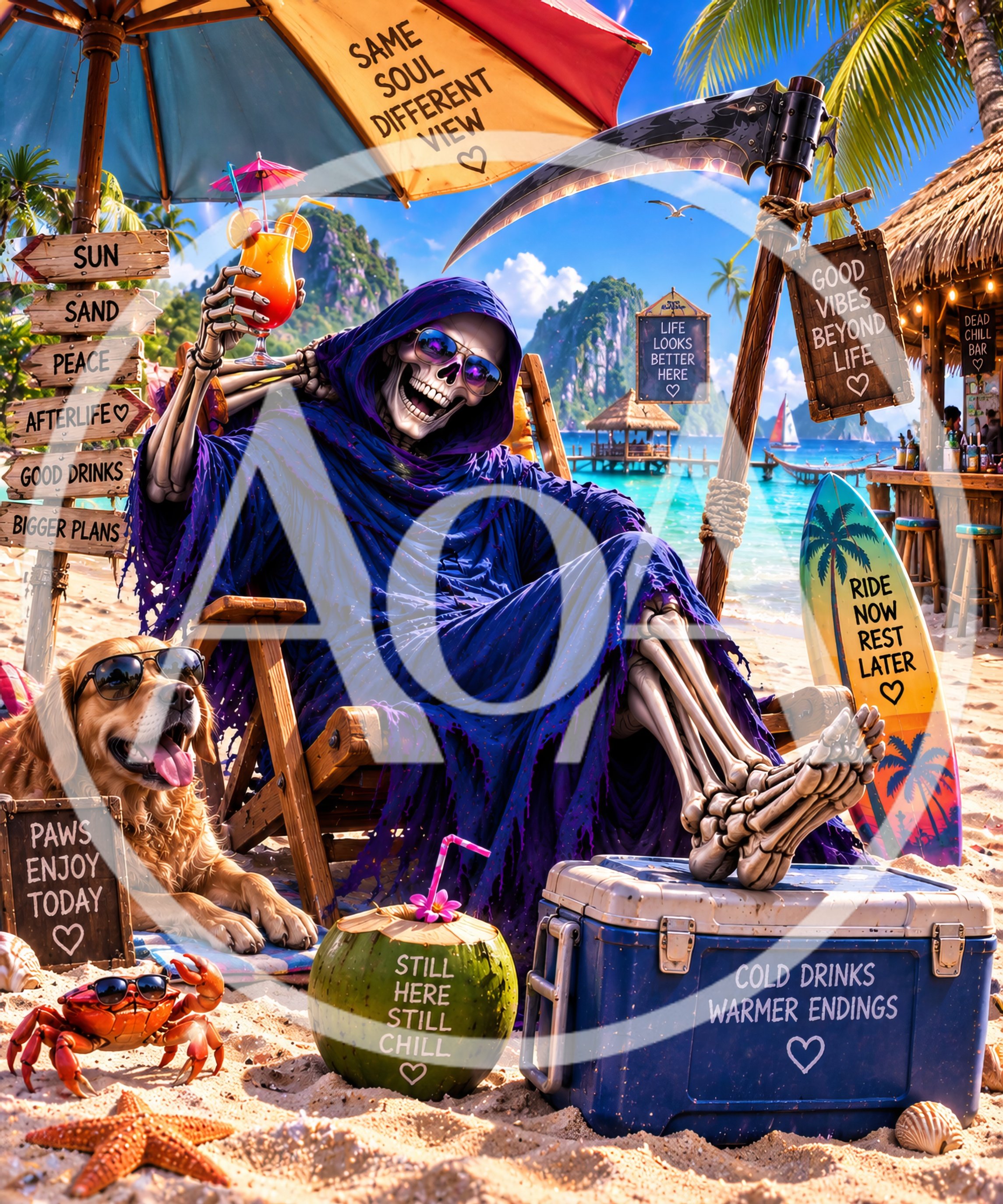 Grim Reaper Relaxing on a Tropical Beach