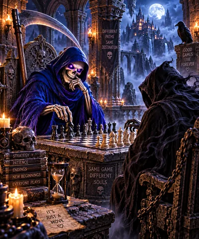 Grim Reapers Playing Chess in a Gothic Castle