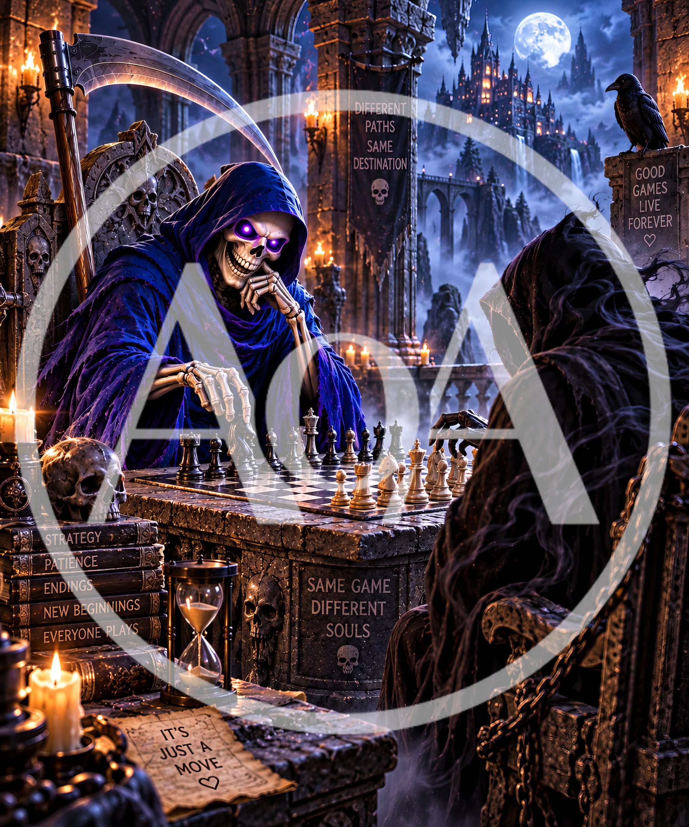 Grim Reapers Playing Chess in a Gothic Castle