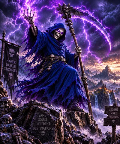 Grim Reaper Standing On Mountain Peak With Scythe