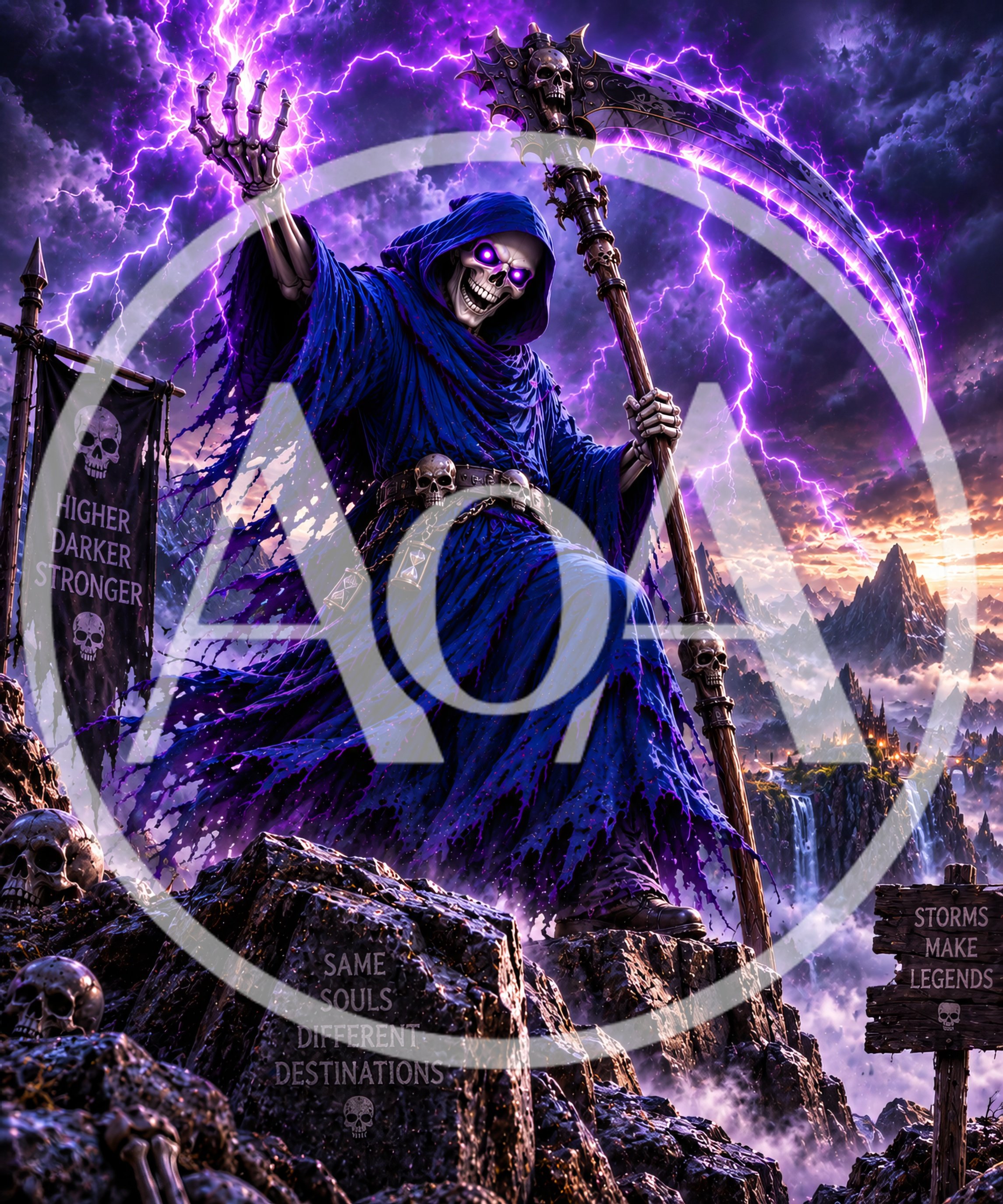 Grim Reaper Standing On Mountain Peak With Scythe