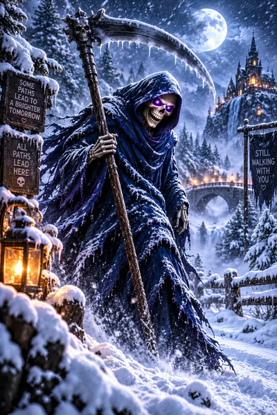 Grim Reaper Standing In A Snowy Winter Landscape