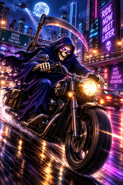 Grim Reaper Riding A Motorcycle Through A Neon City