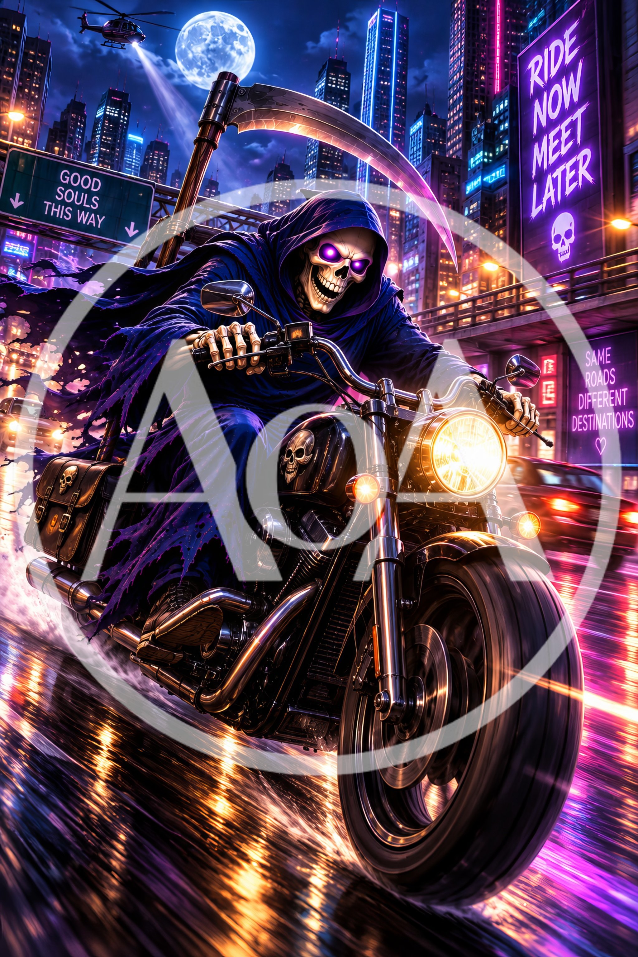 Grim Reaper Riding A Motorcycle Through A Neon City