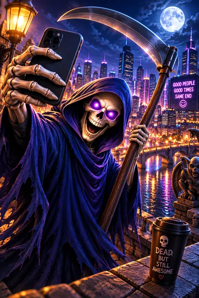 Grim Reaper Taking A Selfie In A City