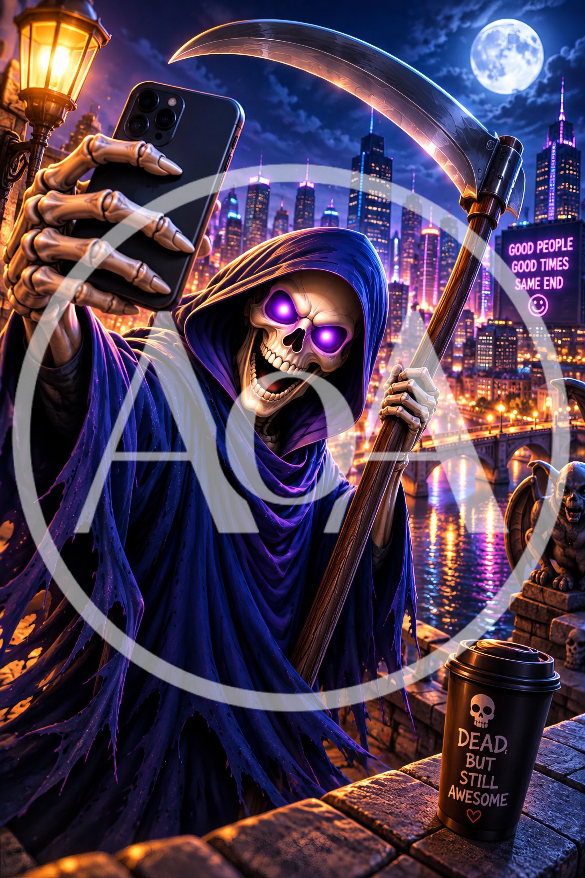 Grim Reaper Taking A Selfie In A City