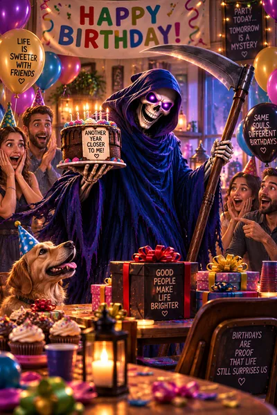 Grim Reaper Celebrating Birthday With Friends
