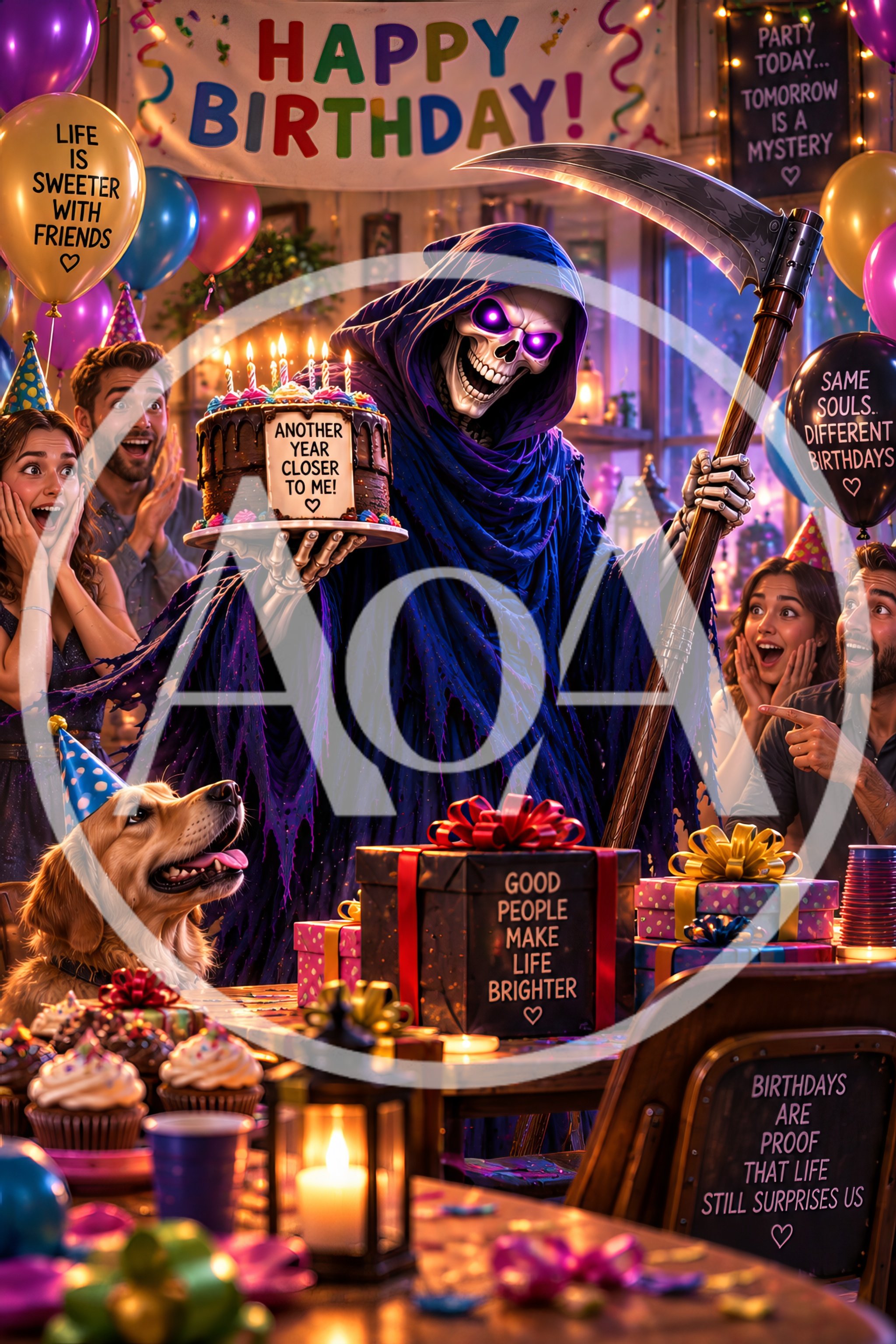 Grim Reaper Celebrating Birthday With Friends