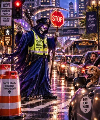 Grim Reaper Traffic Officer Directing City Street Traffic