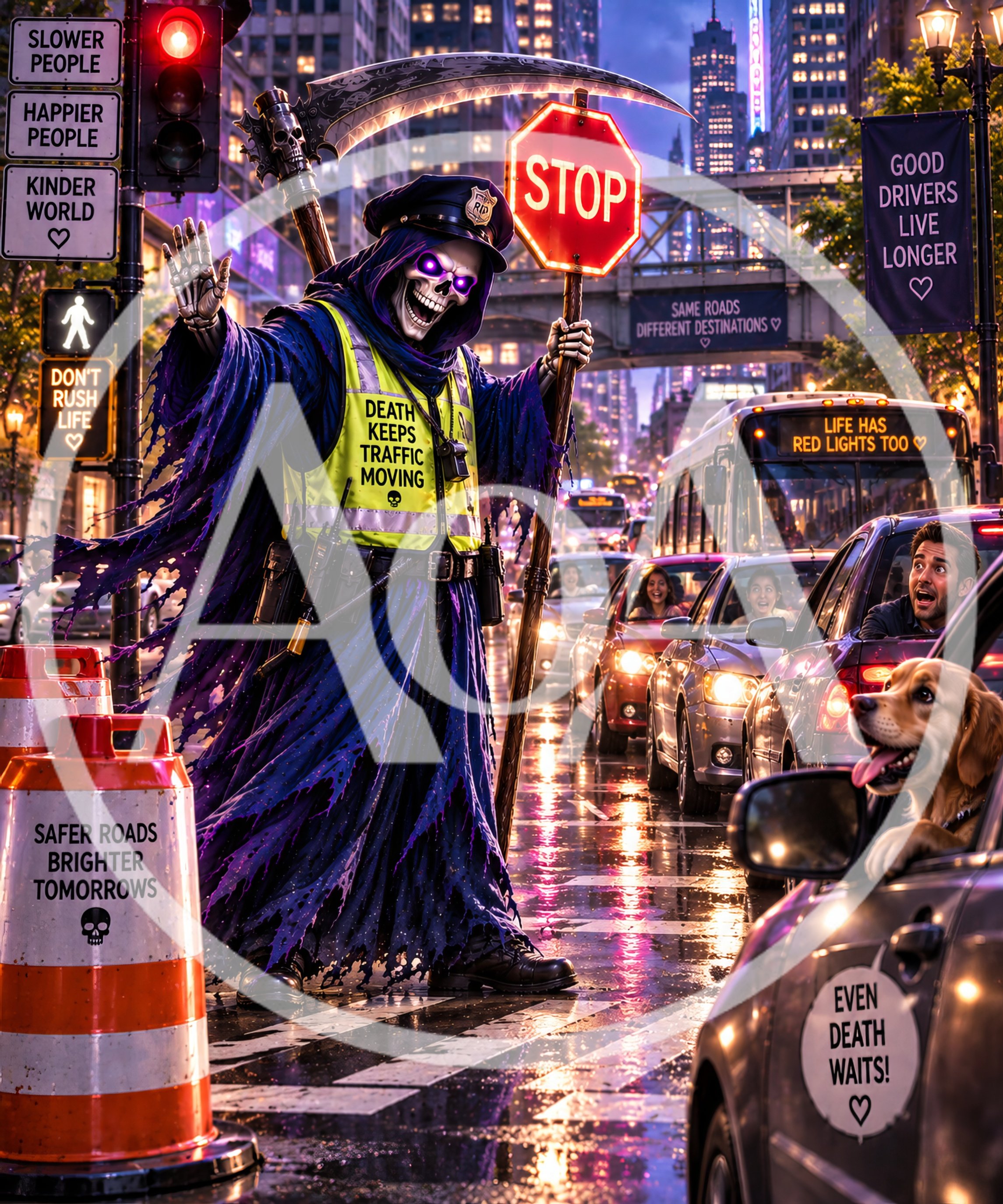 Grim Reaper Traffic Officer Directing City Street Traffic