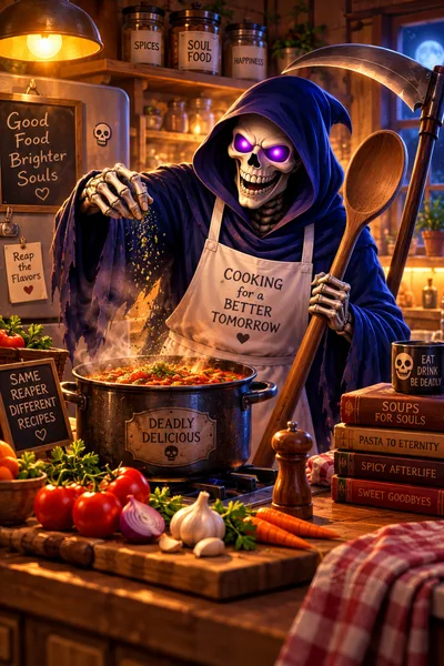 Grim Reaper Cooking A Stew In A Rustic Kitchen