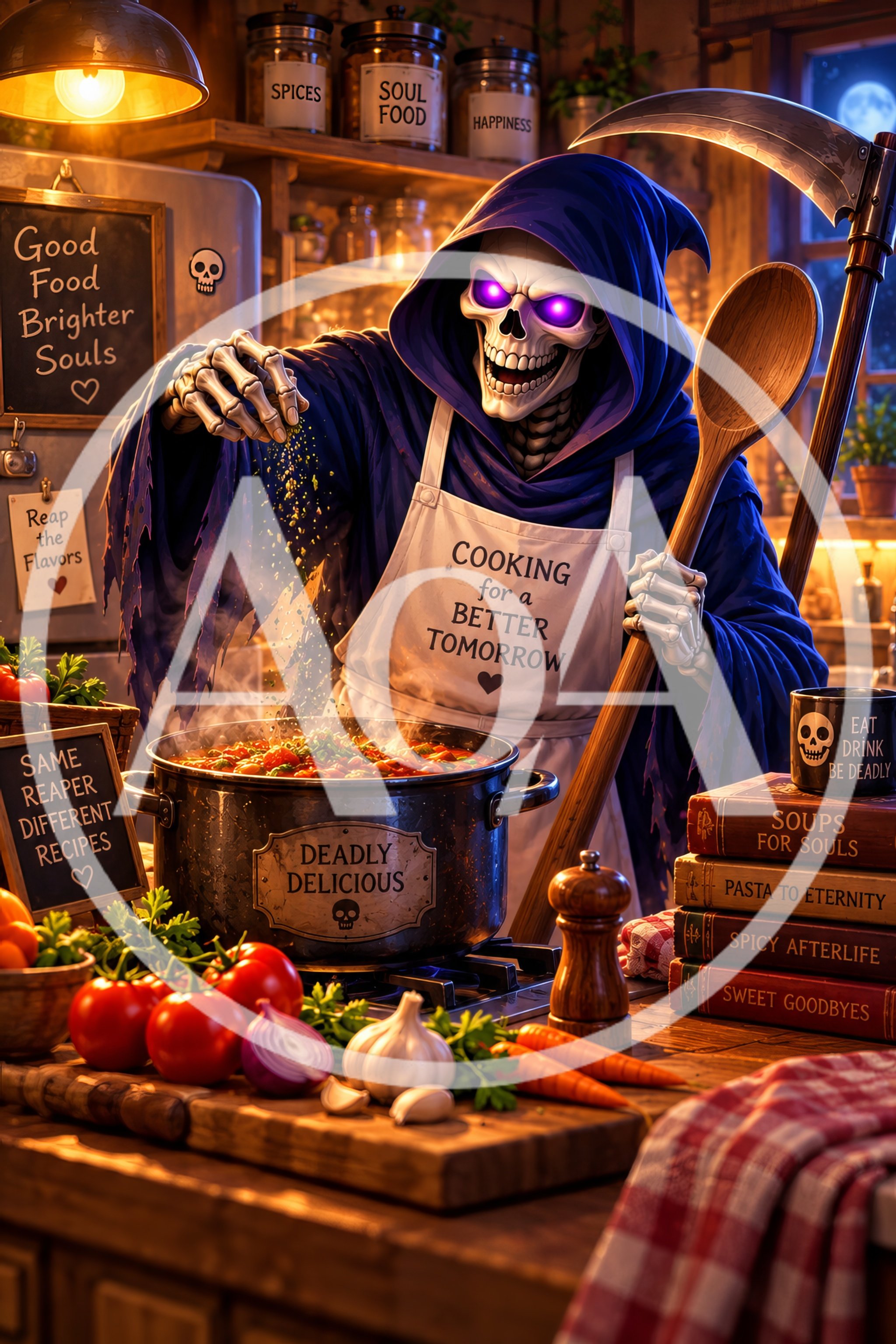 Grim Reaper Cooking A Stew In A Rustic Kitchen