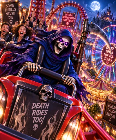 Grim Reaper Riding A Roller Coaster At Night