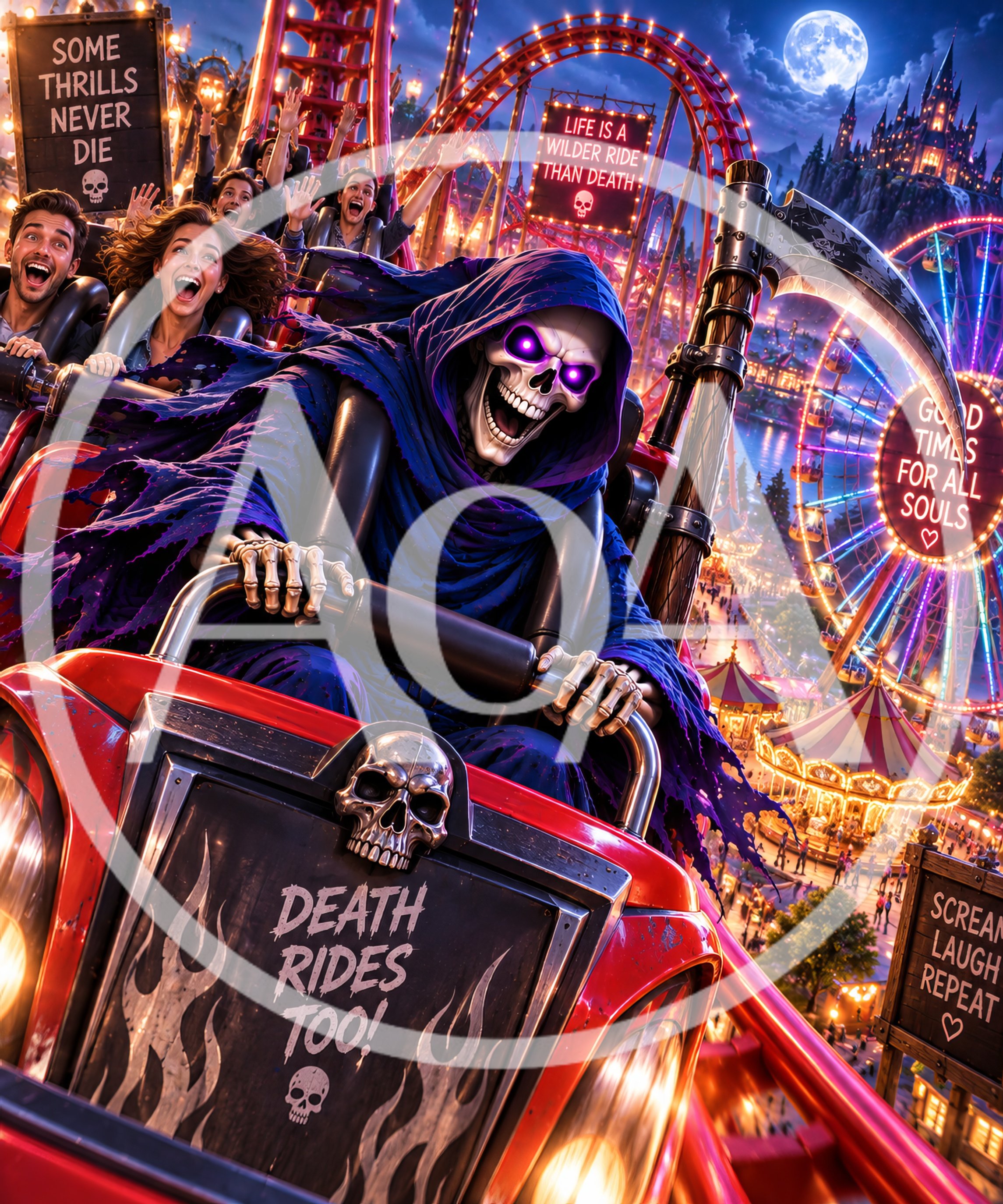 Grim Reaper Riding A Roller Coaster At Night