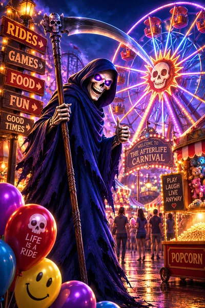 Grim Reaper Mascot at a Neon Afterlife Carnival