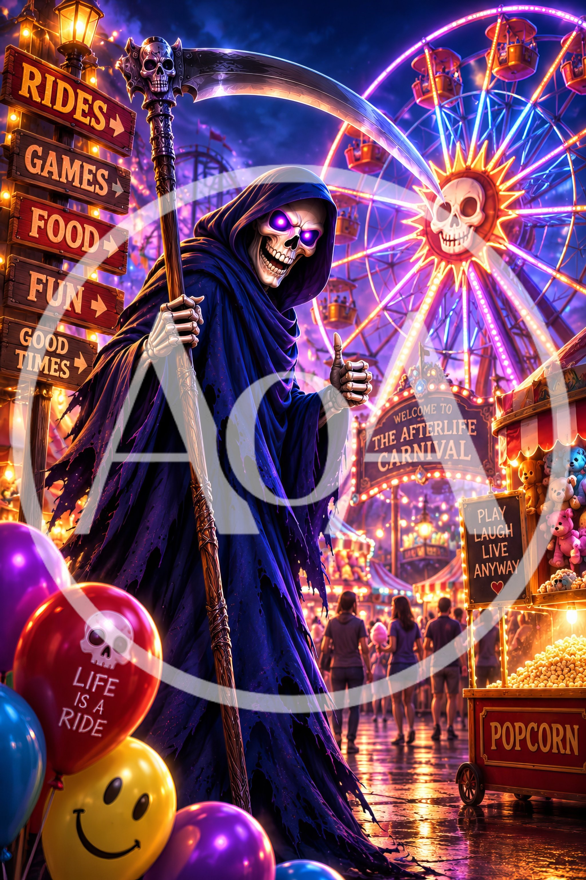 Grim Reaper Mascot at a Neon Afterlife Carnival