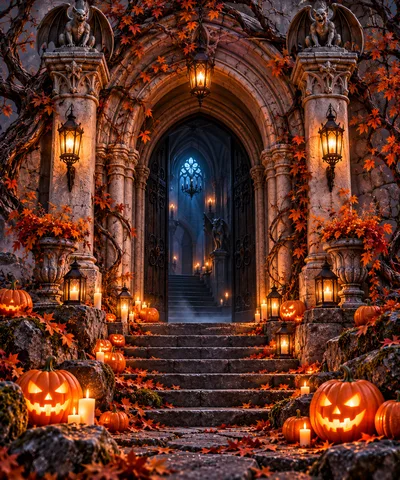 Gothic Stone Archway Decorated With Pumpkins And Autumn Leaves