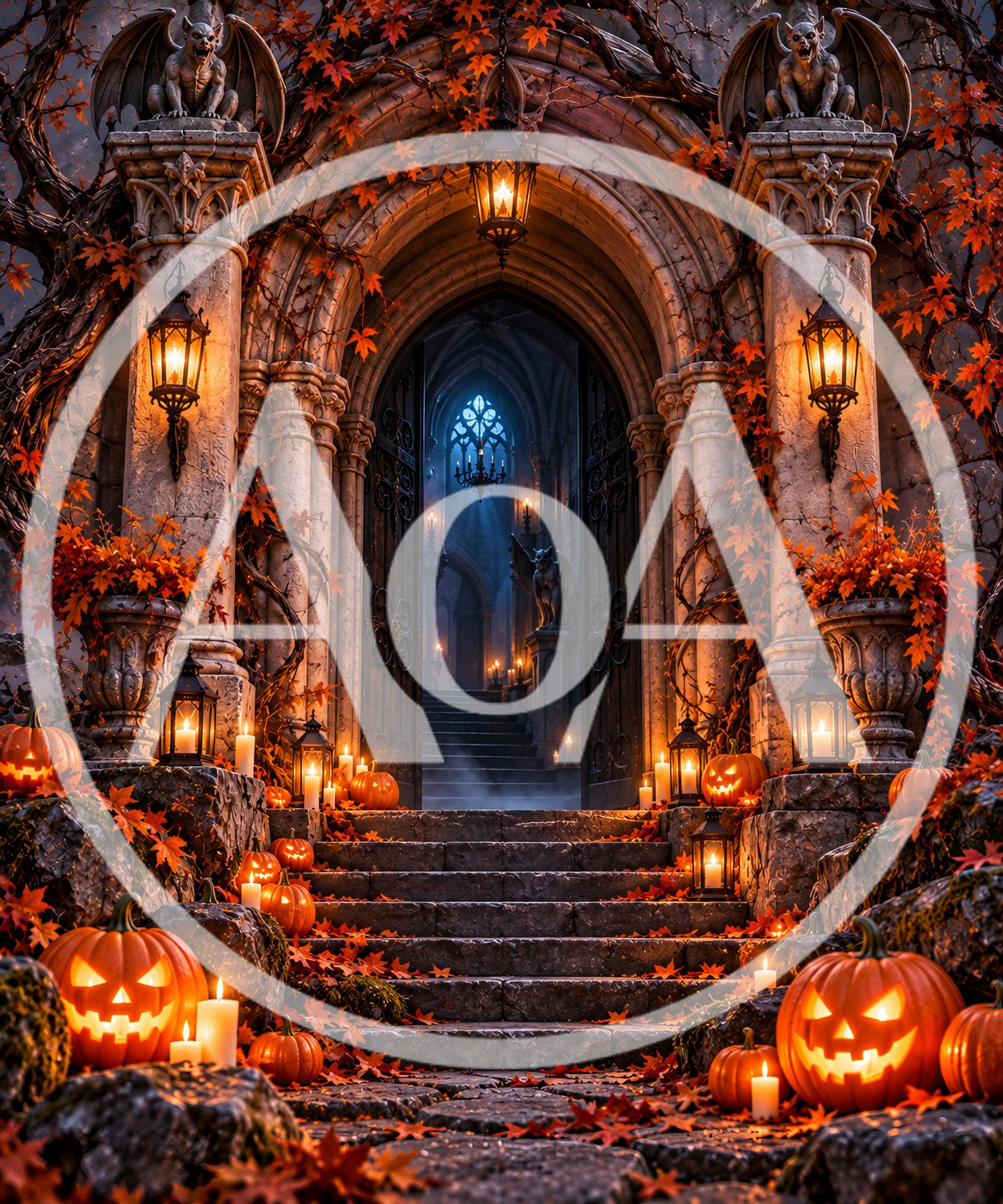 Gothic Stone Archway Decorated With Pumpkins And Autumn Leaves