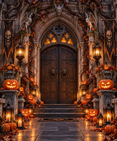 Gothic Halloween Entrance With Jack O Lanterns
