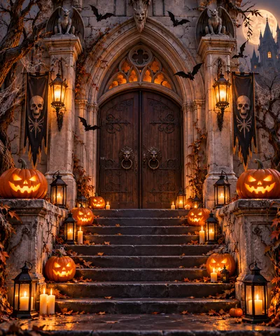 Gothic Mansion Entrance Decorated For Halloween