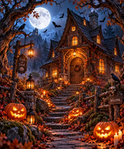 Spooky Halloween Cottage With Jack O Lanterns