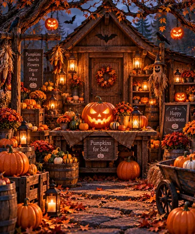Rustic Halloween Pumpkin Stand With Jack O Lanterns