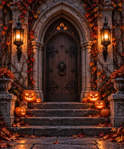 Gothic Stone Entrance Decorated For Halloween