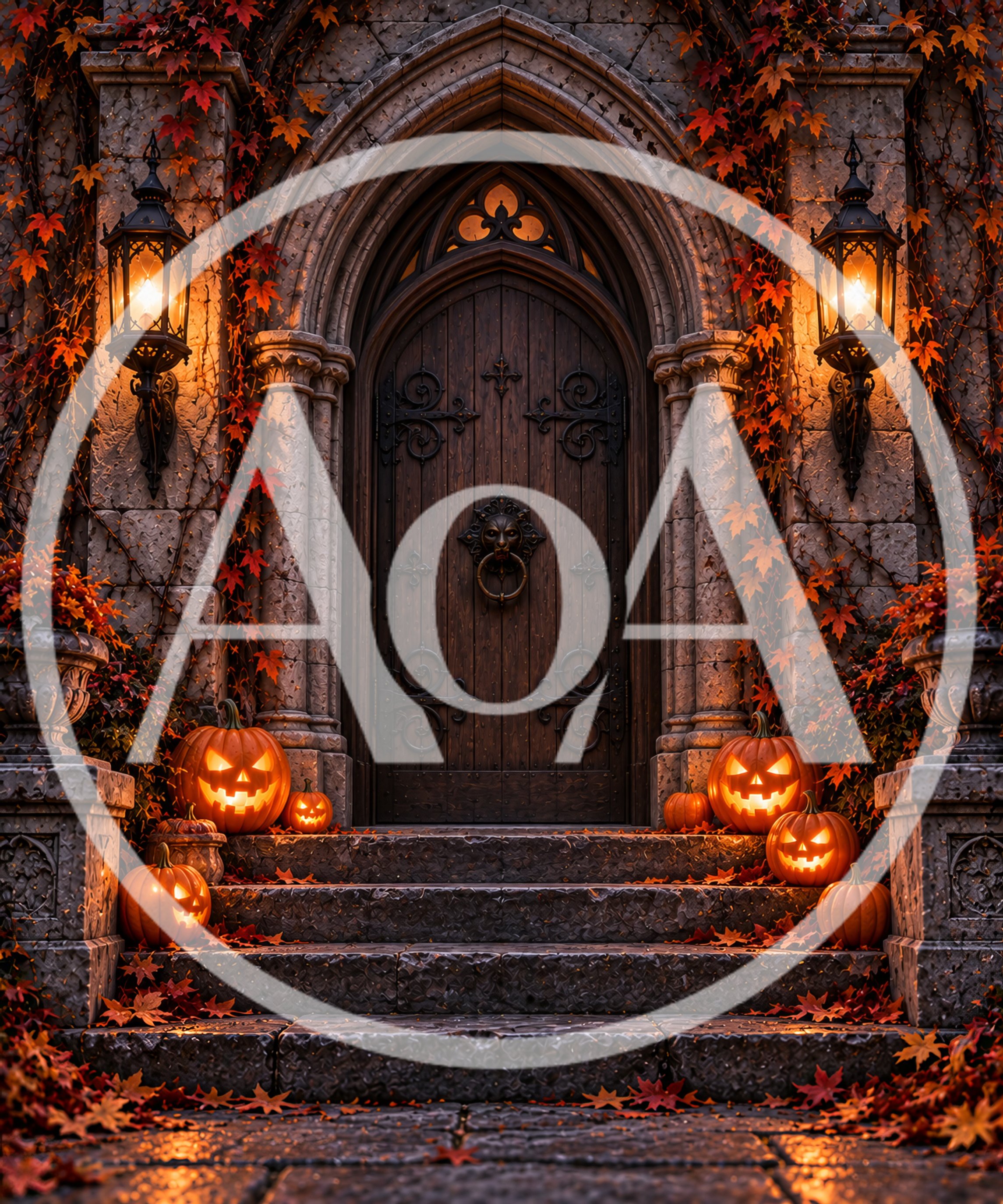 Gothic Stone Entrance Decorated For Halloween